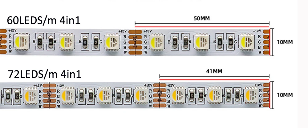 Светодиодная лента 10 мм 12 В 24 RGBW 60 72 светодиода/м SMD5050 4 в 1 RGB белый теплый цвета