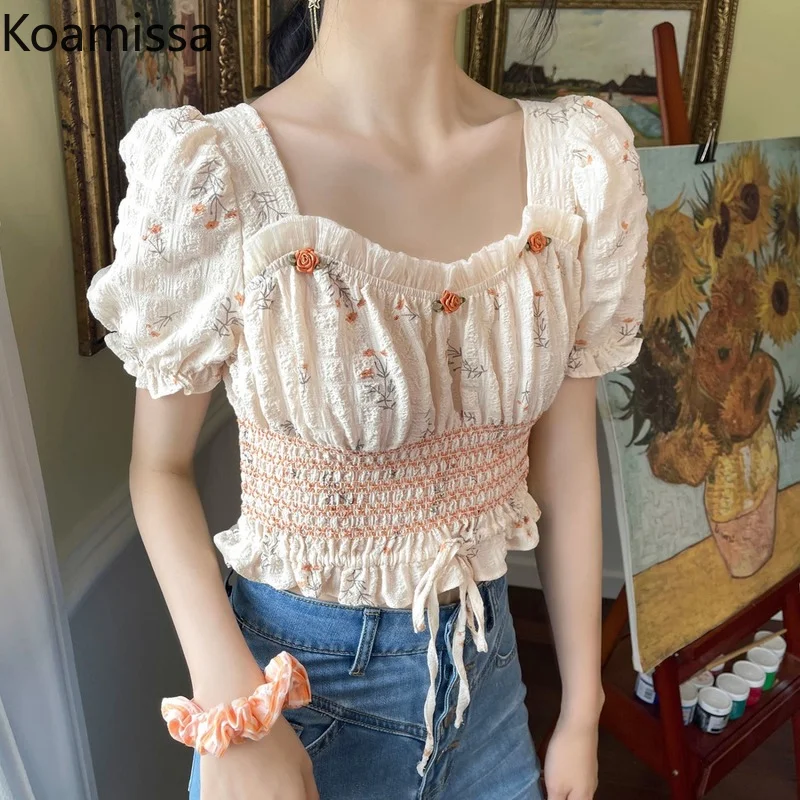 

Koamissa Sweet Summer Folral Women Blouse High Waist Slim Cropped Tops Short Puff Sleeves Student Outwear Blusas Korean Shirts
