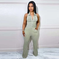wuhe turn down collar halter sexy jumpsuit pocket knitted ribbed backless skinny bodycon rompers clubwear overalls