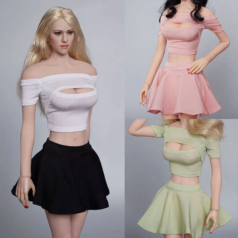 

SAToys SA017 1/6 Scale Women Soldier Sexy Hollow T-Shirt Tube Top Pleated Skirt Clothes Set Model for 12'' PH Action Figure Body
