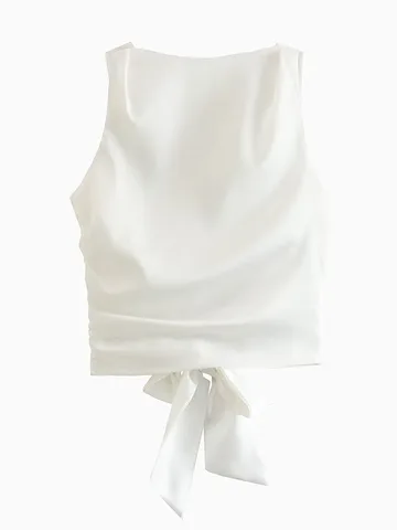 DUOPERI Женская мода с бантом однотонные плиссированные укороченные майки с открытой спиной винтажные женские шикарные топы без рукавов с круглым вырезом