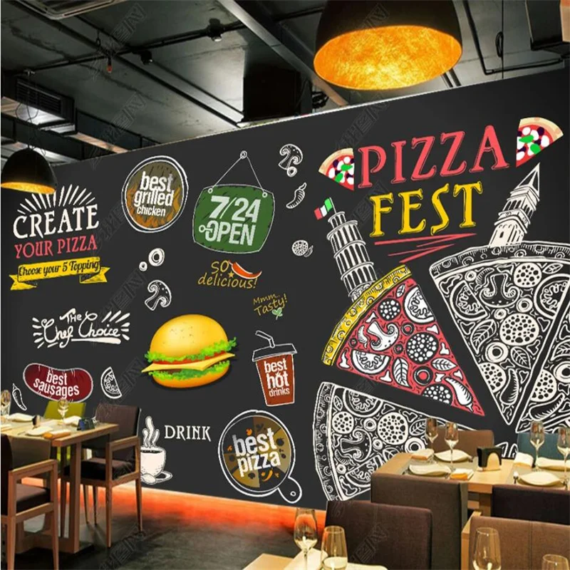 

Custom Wallpaper Blackboard Burger Pizza 3D Wall Paper Fast Food Restaurant Industrial Decor Mural Snack Self Adhesive Wallpaper