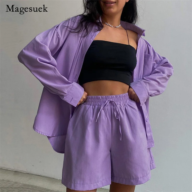 

Fashion Tops Cotton Suit Straight Shorts Two Piece Set Casual Homewear Set Trousers Summer Long Sleeve Solid Green Shirt 21912