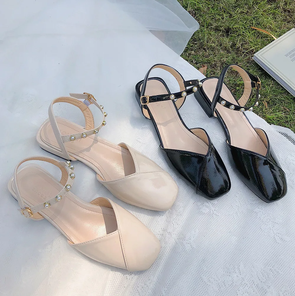 2022 Summer Fashion PU Baotou Square Heel Sandals Female Buckle Strap Slingle Shoes Korean Version Wild Fairy Flat Shoes Women
