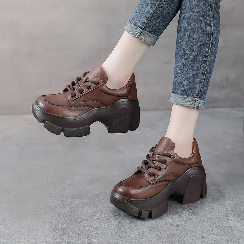 

Women Shoes Free Shipping Offer Thick Bottom Muffin Heel Ankle Boots Full Grain Leather Casual Zapatos Walking Work British Styl