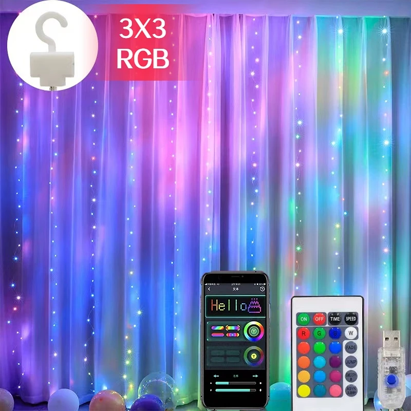 LED RGB Color Intelligent Curtain String Light Bluetooth APP Control Christmas Party Genie Light DIY Image Display Garland Decor