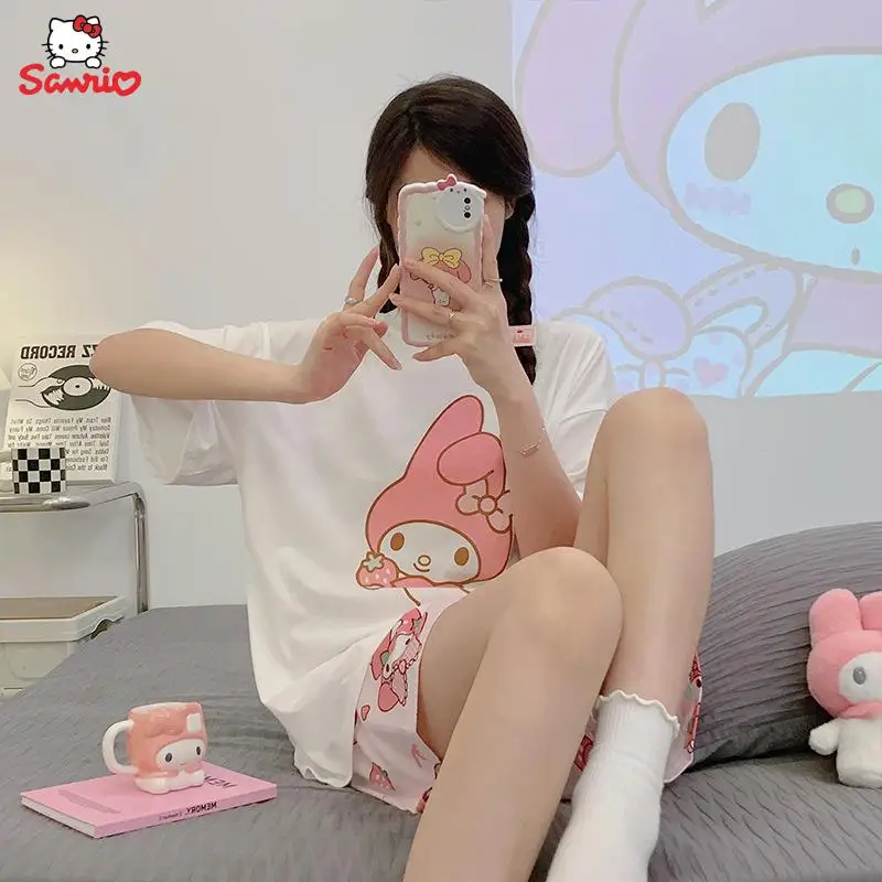 

Kawaii Sanrio Mymelody Pajamas Anime Cartoon Ins Summer Short-Sleeved Shorts Student Crewneck Loungewear Two-Piece Set Gift