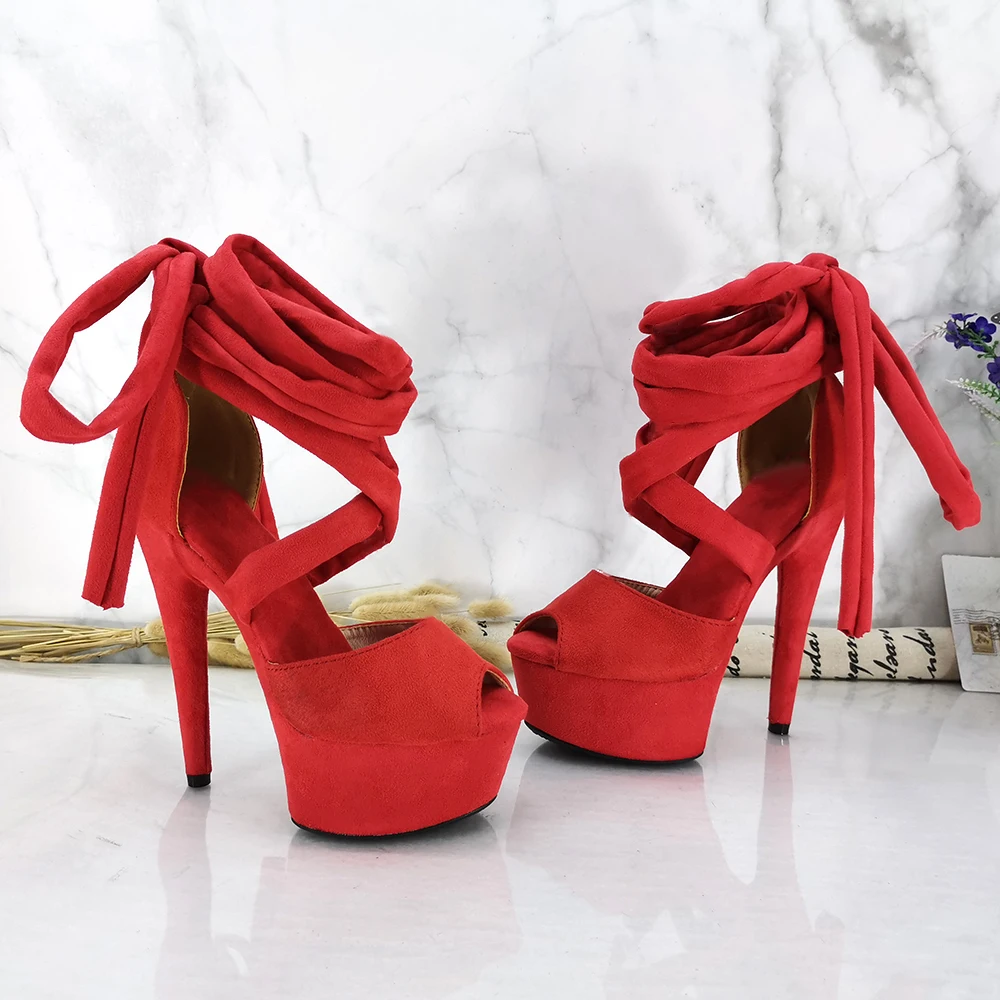 Leecabe 15CM/6Inch RED Suede  lady Platform party High Heels Shoes Pole Dance Shoes