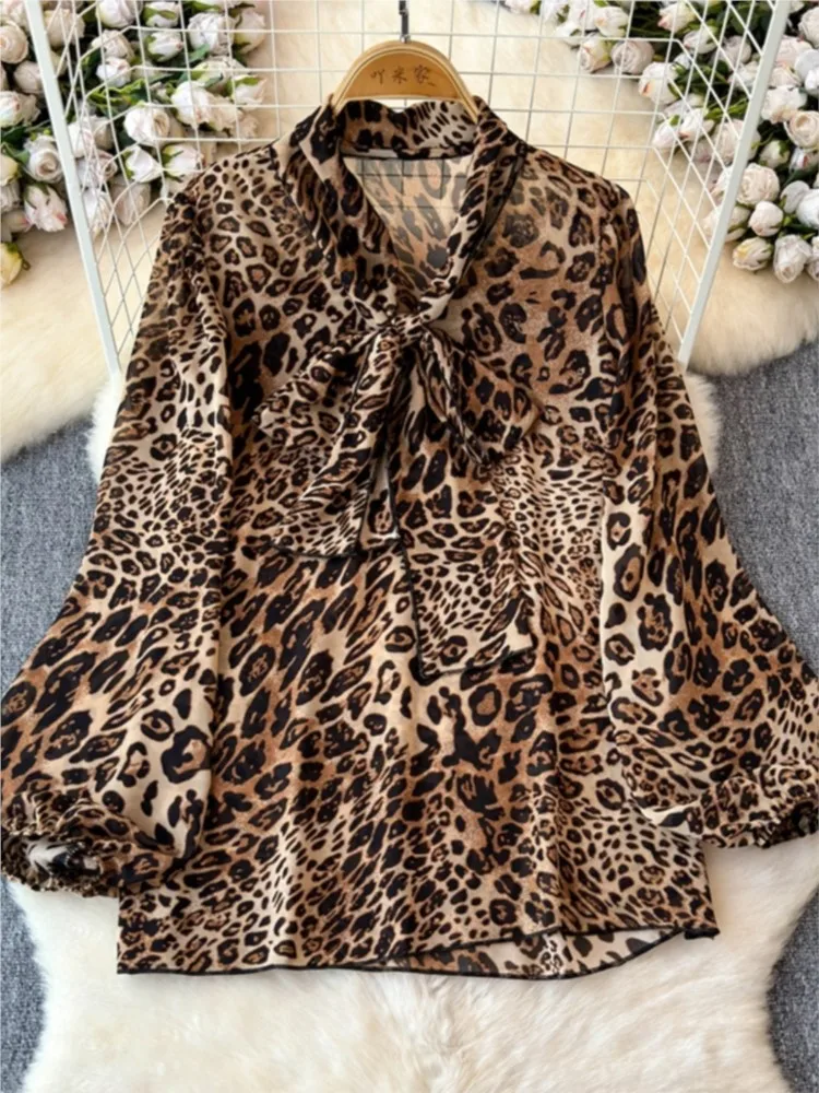 Элегантные женские леопардовые рубашки с длинными рукавами повседневная одежда