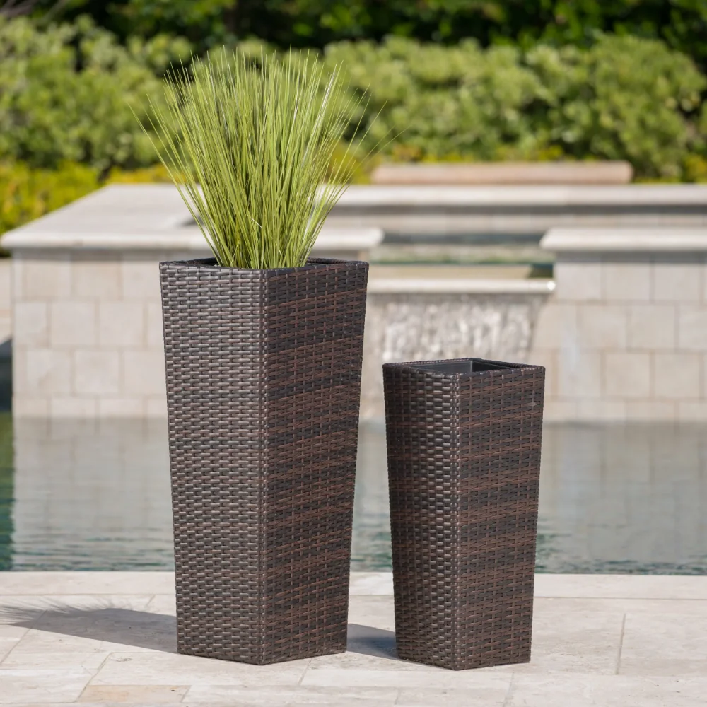 Palmetto Outdoor Wicker Flower Pots, Set of 2, Multibrown，9.26 Lbs，11.75 X 11.75 X 31.90 Inches