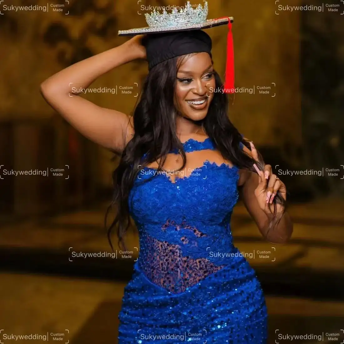 Ярко-голубое коктейльное платье Aso Ebi блестящее короткое для выпускного вечера