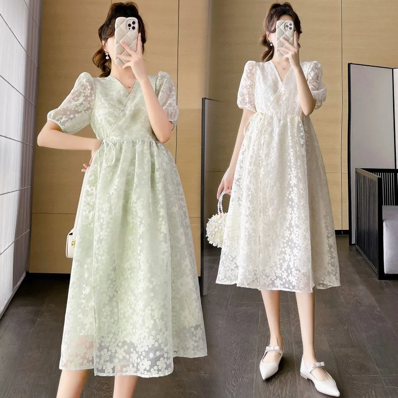 

Летние платья для беременных милые элегантные платья с V-образным вырезом и высокой талией модная одежда для беременных платье с цветочным принтом для беременных женщин