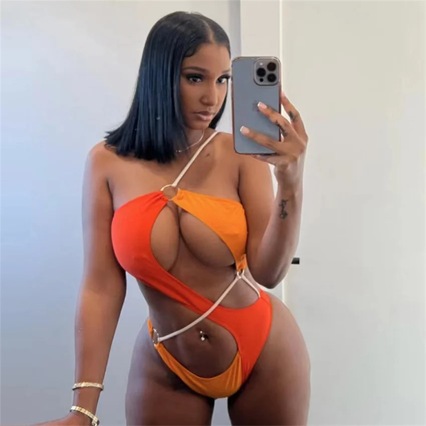 

Новинка 2022 пикантное контрастное цветное бикини цельный купальник на бретельках с нагрудной подушкой без стальной поддержки однотонный пи...