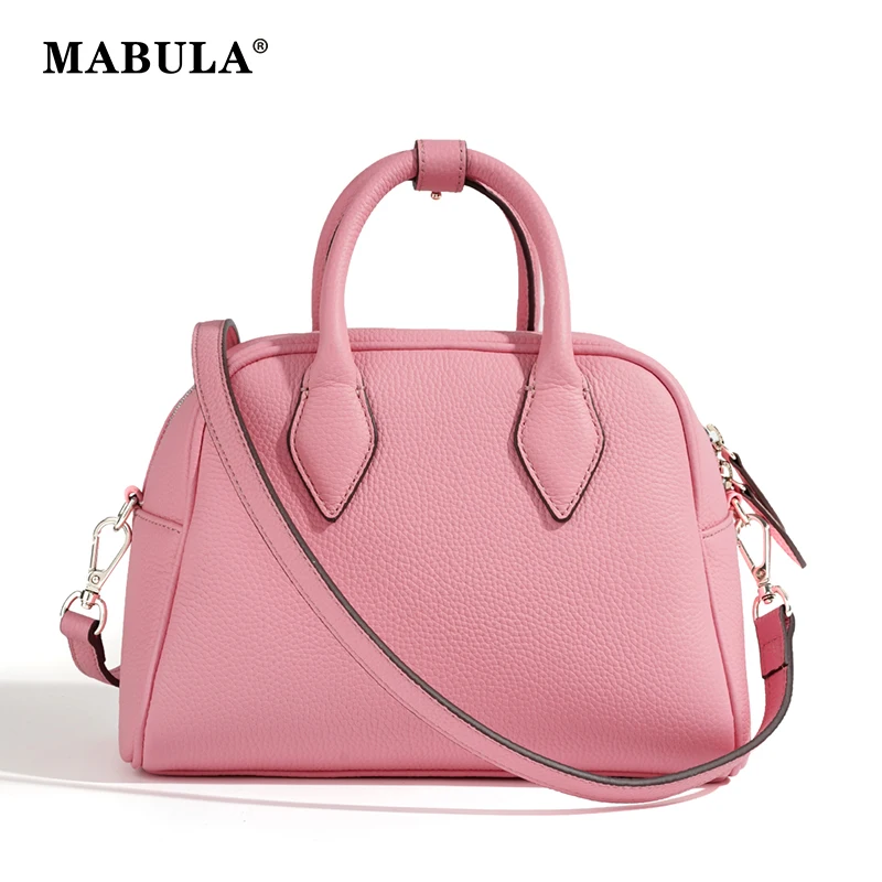 

MABULA Brand Genuine Cow Leather Top Handle Purse Simple Stylish Pink Ladies Crossbody Bag Exquisite Women's Satchel Handbag