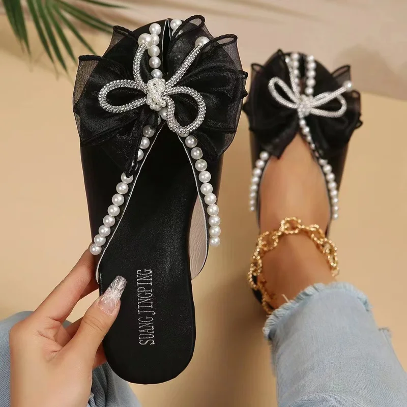 

Summer Women's Closed Toe Flat Slippers 2023 New Fashion Bowknot Beading Casual Slides Shoes for Women Outdoor Ladies Sandals