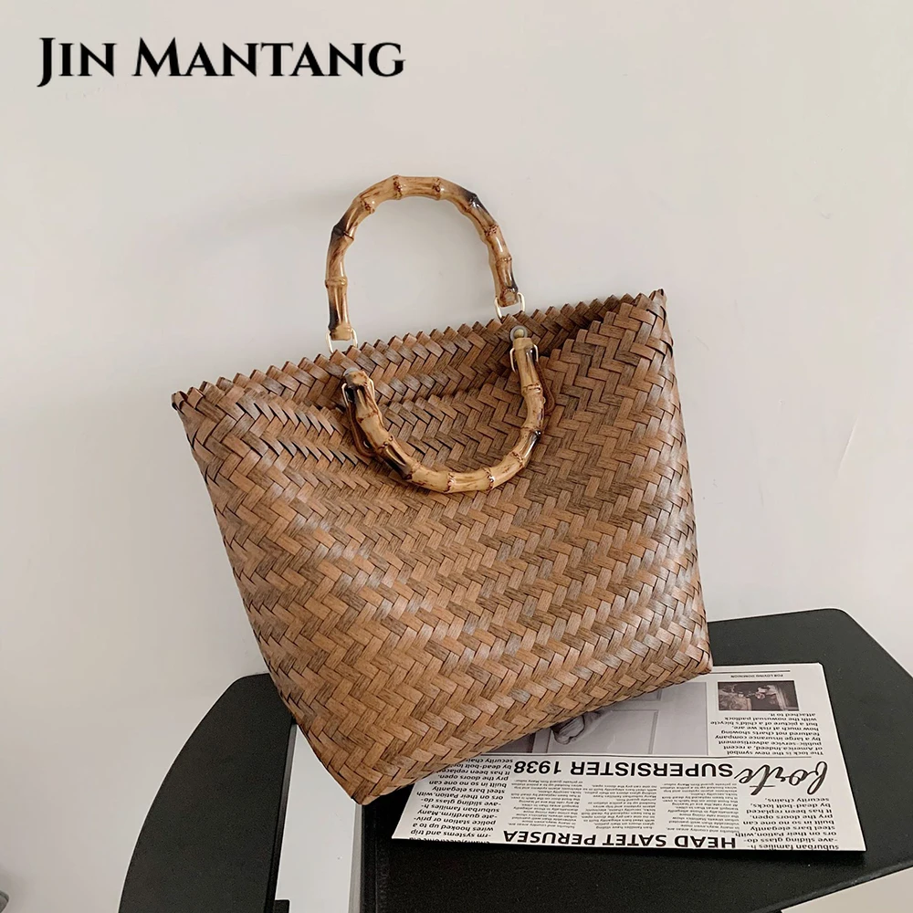 Women Casual Handbag Handmade Woven Beach Straw Rattan Top Handle Bags Shoulder Bag Female Bohemia Travel Shopping Tote Bag