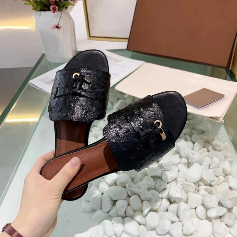 Summer New Women's Leather Slippers Pure Color LP Slippers Leisure Walk Slipper Ostrich Leather Brand Slippers  Size 34-46