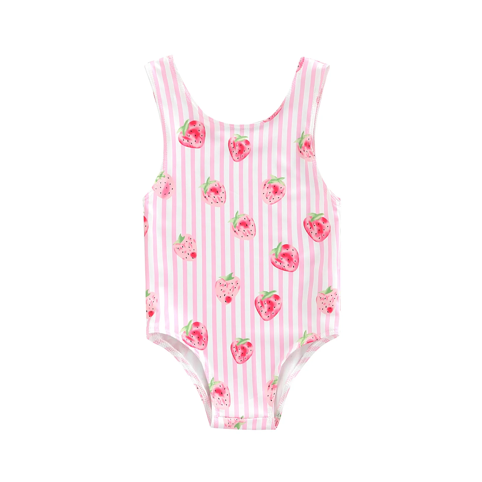 

Lovely Kids Baby Girls Clothing Polyester Swimming Bodysuit Sleeveless Strawberry Striped Print Bodysuit Summer Beach Swimsuit