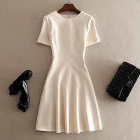 senior mini dress women solid color fashion short sleeve o neck vintage bodycon party club apricot a line summer dress