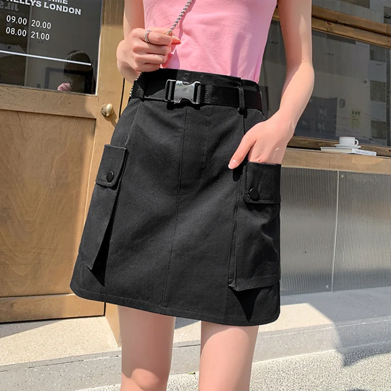 

Overalls Skirt with Belt Summer Korean Fashion 2023 New High-waisted Slimming Short Skirt Female Y2k H Line Pocket Faldas Mujer