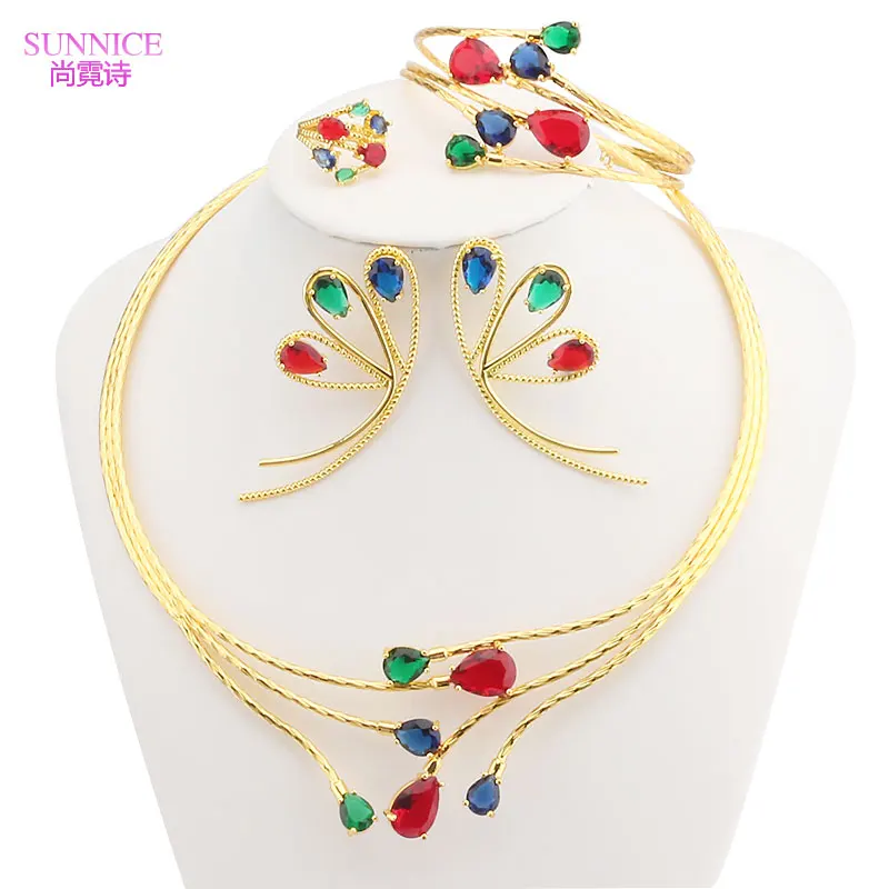 Dubai Gold Jewelry Sets for Women 18k Golden Multi Jewellery Ensemble Bijoux Femme Set Bracelets Necklace Big Earrings Open Ring