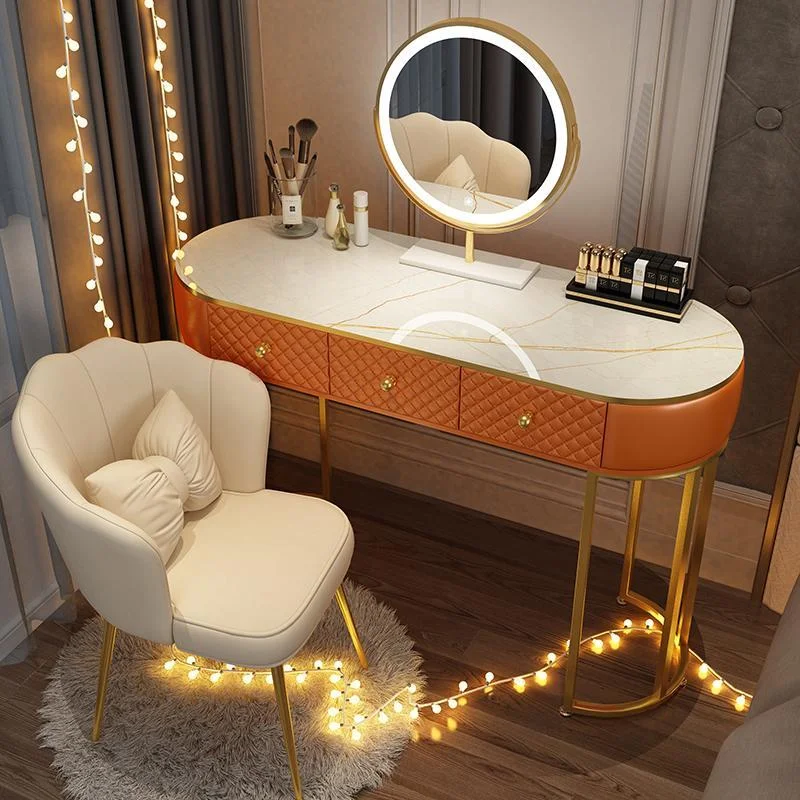 

Nordic Modern Minimalist Bedroom Furniture Dresser with LED Mirror Light Luxury Makeup Tables with Drawer Vanity Dressing Table