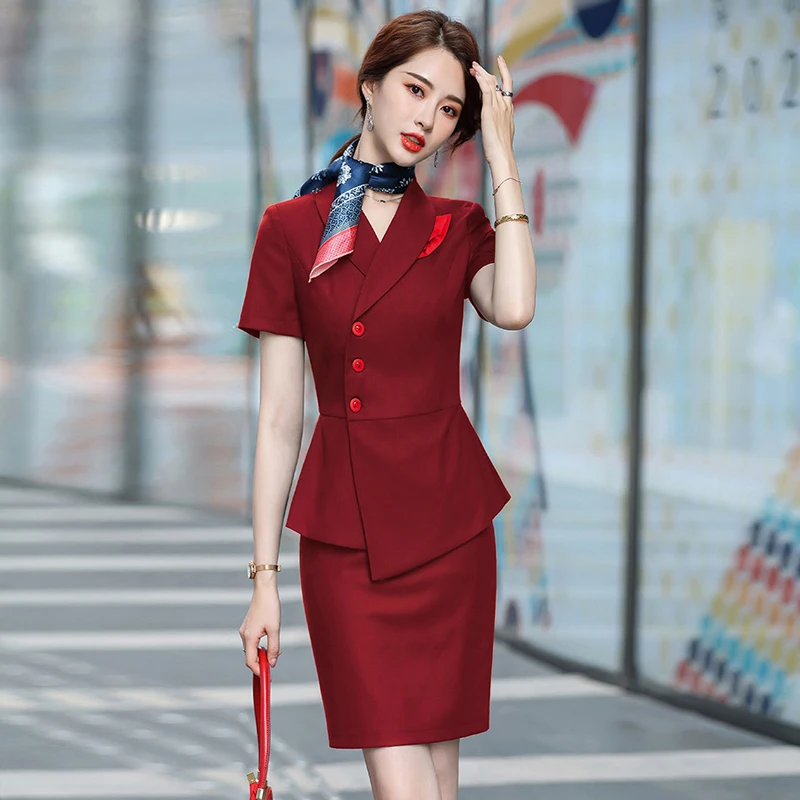 2022 Summer New Office Women's Suit Skirt 2 Piece Set Casual Short Sleeve Elegant Female Blazer Hotel Professional Wear