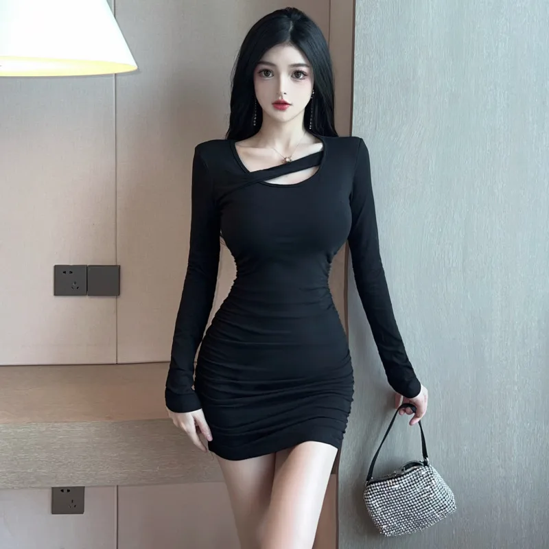 

#4274 Long Sleeve One-word Collar Party Pencil Bodycon For Woman See Through Dress Above Knee, Mini Woman Short Irregular