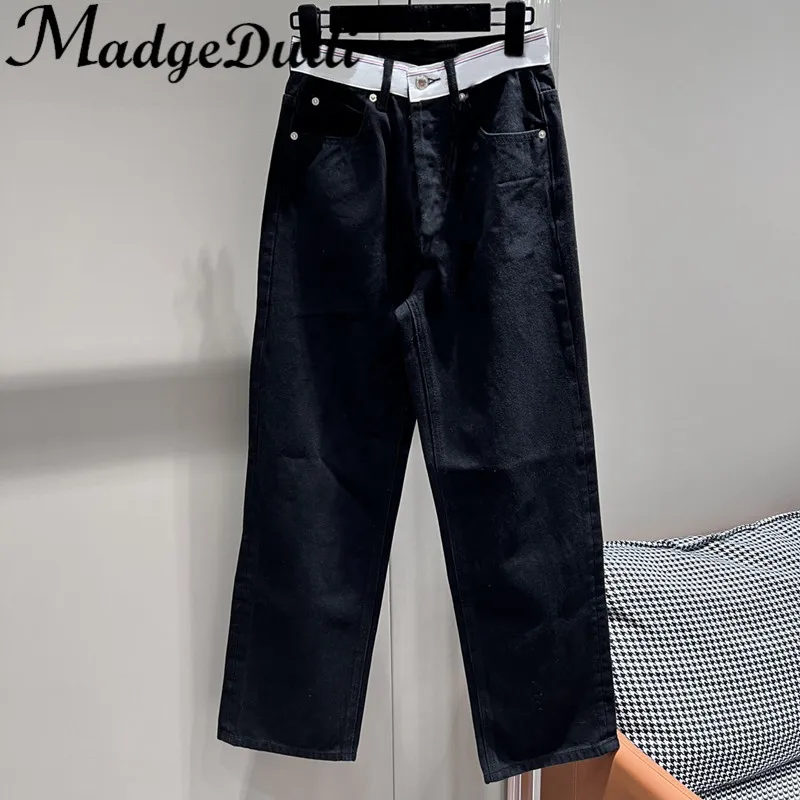 12.20 MadeDutti Streetwear Fashion Letter Stretch Waist Spliced Straight Cotton Jeans Women