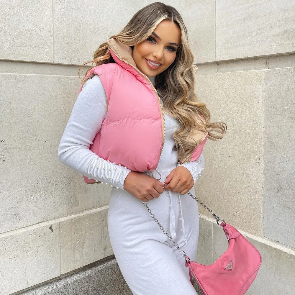 Winter Pink Vest Jackets Solid Color Fashion Warm Cotton Coat Stand Collar Zipper Double-sided Jacket Women Parkas Streetwear