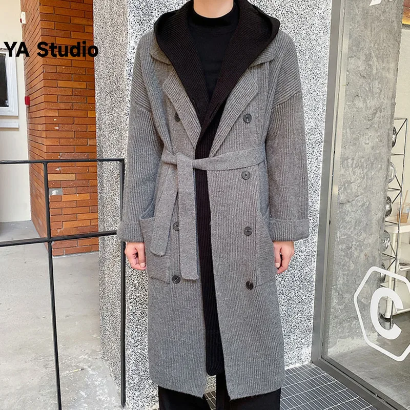 

[YA Studio] Autumn And Winter Color Contrast Fake Two Hooded Sweater Cardigan Coat Men's Long Lazy Style Sweater Trend