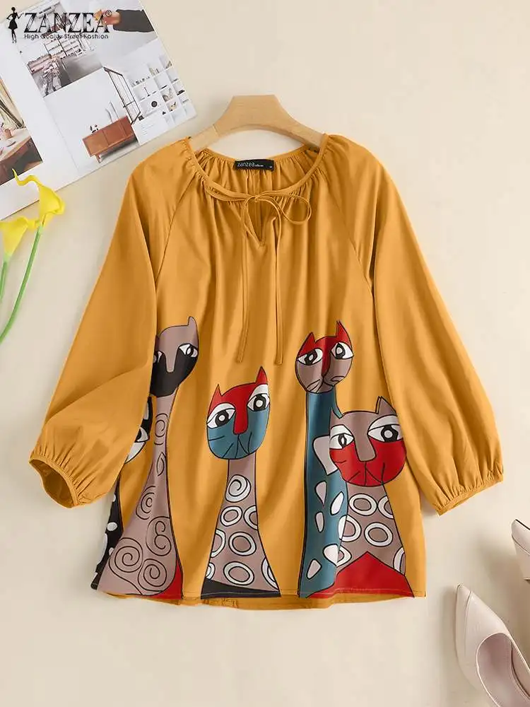 

Женские винтажные рубашки с принтом 2022 ZANZEA элегантные топы Туника Повседневная модная Свободная блузка с длинным рукавом Топы оверсайз ули...