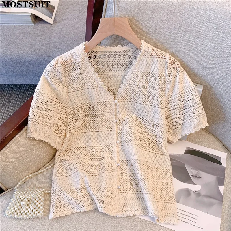

Summer Korean Hollow Out Women Shirt Blouse Elegant Workwear Vintage Ladies Tops Short Sleeve V-neck Single-breasted Blusas 2022