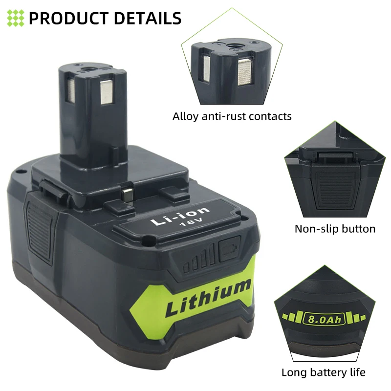 Литий-ионный аккумулятор 8000 мАч для замены батарей Ryobi 18V RB18L40 RB18L50 RB18L60 P108 P107 BPL1820 P122 P104 P105 P102 P103 ONE+ (art.: 3920d8a277bdc) - 3920d8a277bdc