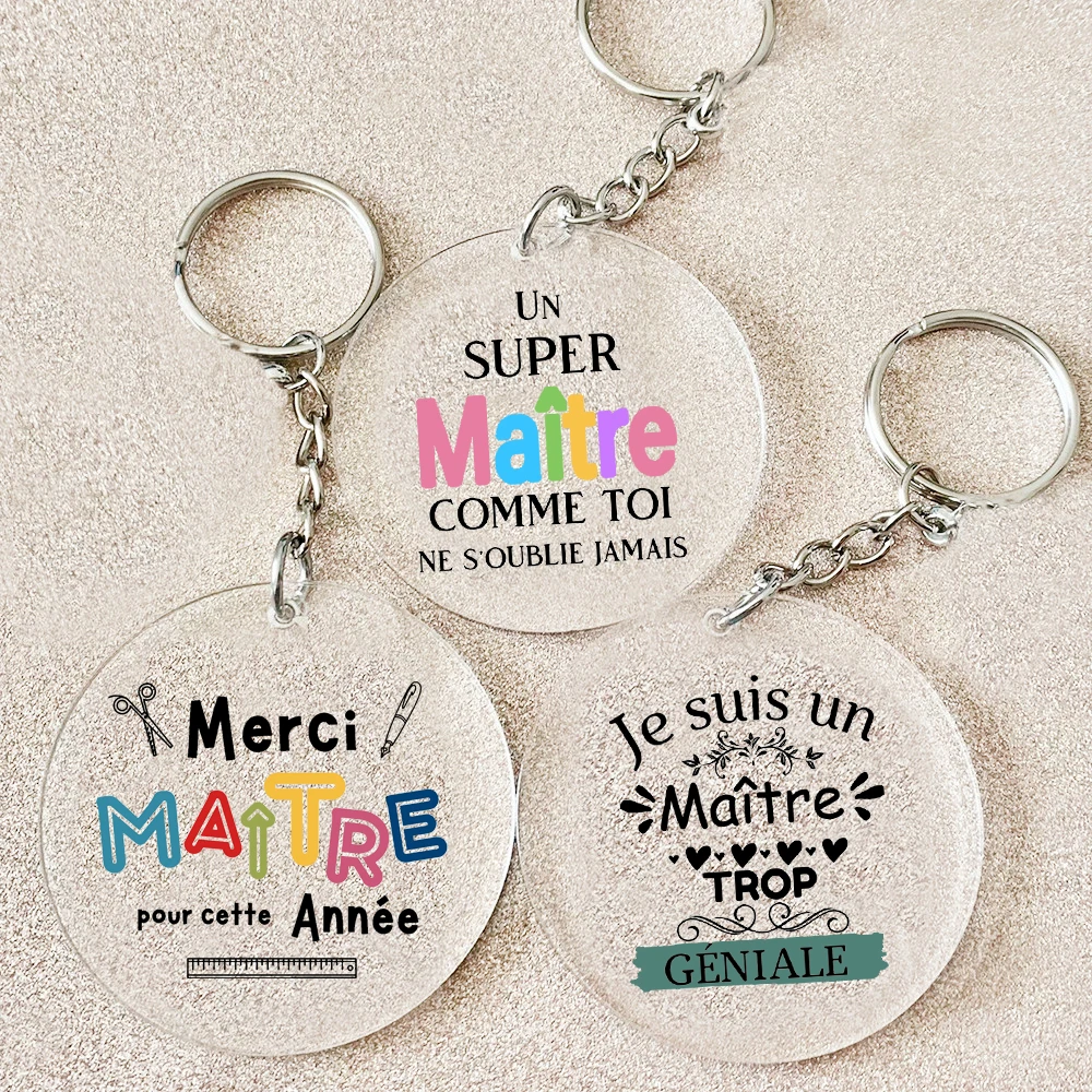 

Merci Super Maitre French Print Key Chains Keychain Transparent Circle Acrylic Keyring Teacher's Day Graduation Gift for Teacher