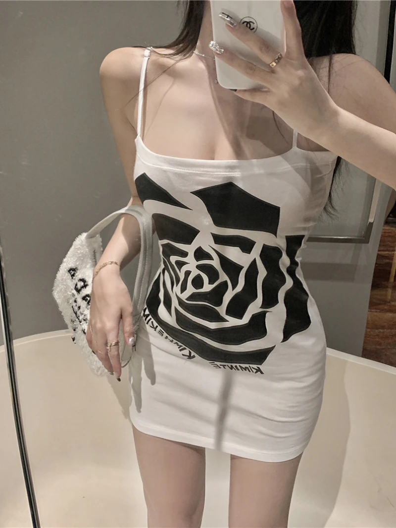 

Black and White Rose Print Suspender Skirt Hot Girl One Shoulder Waist Bag Hip Short Ropa Mujer Talla Grande Party Dress Vestido