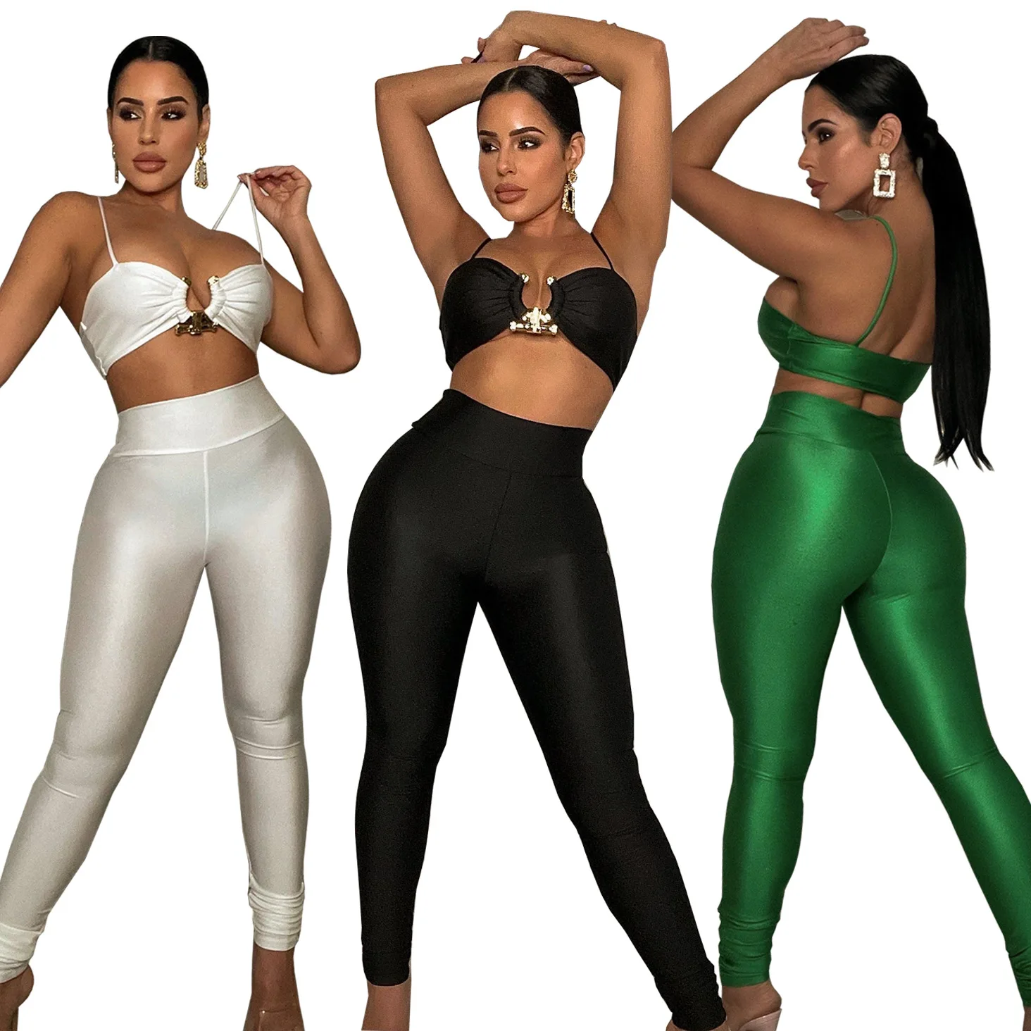 

Sexy Two Piece Set Dresses for Women 2022 Camisole Spaghetti Strap Crop Top Pleated Legging Pants Night Club Party Outfits Suit