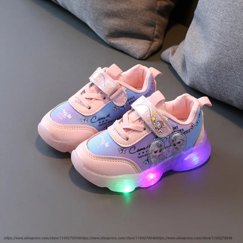 Disney Frozen Elsa Mesh Sneakers Kids Shos Summer Autumn Led Children Luminous Girls Light Baby Sneaker Sports Shoes Size 22-31