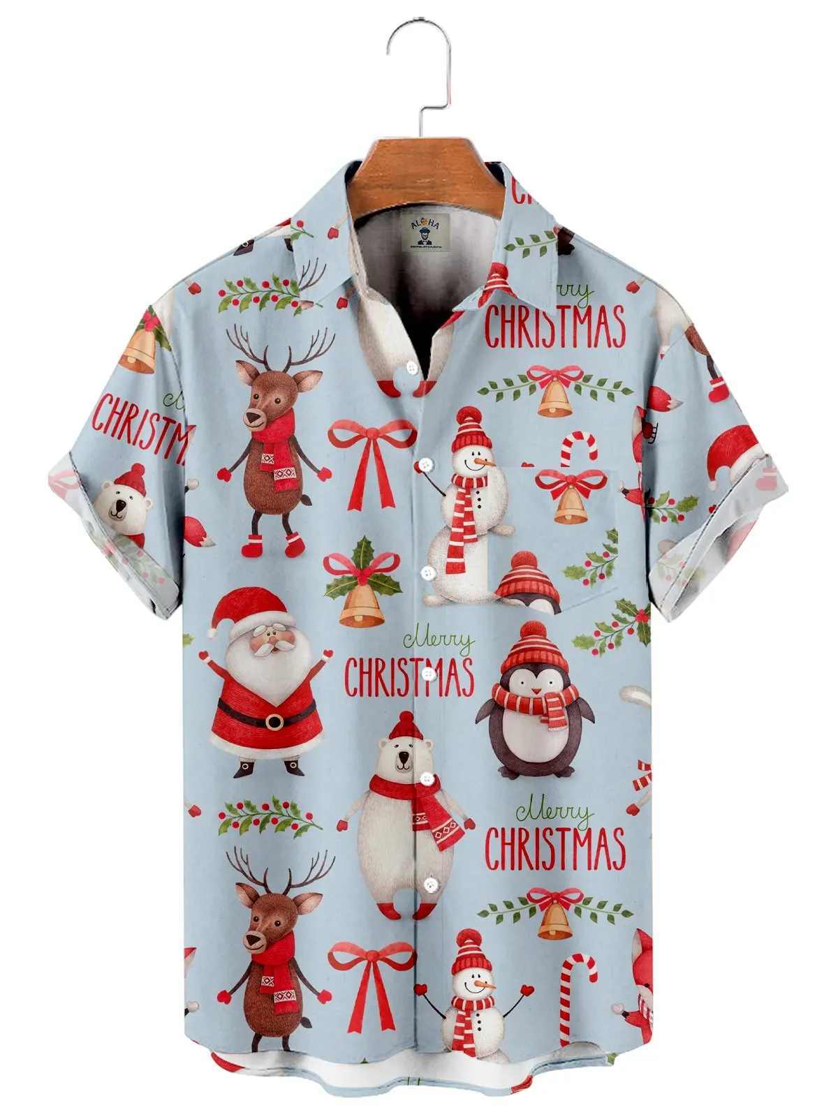 High-quality men's trend shirt Christmas Snowman and elk Penguin print short sleeve shirt single button lapel plus size 5XL
