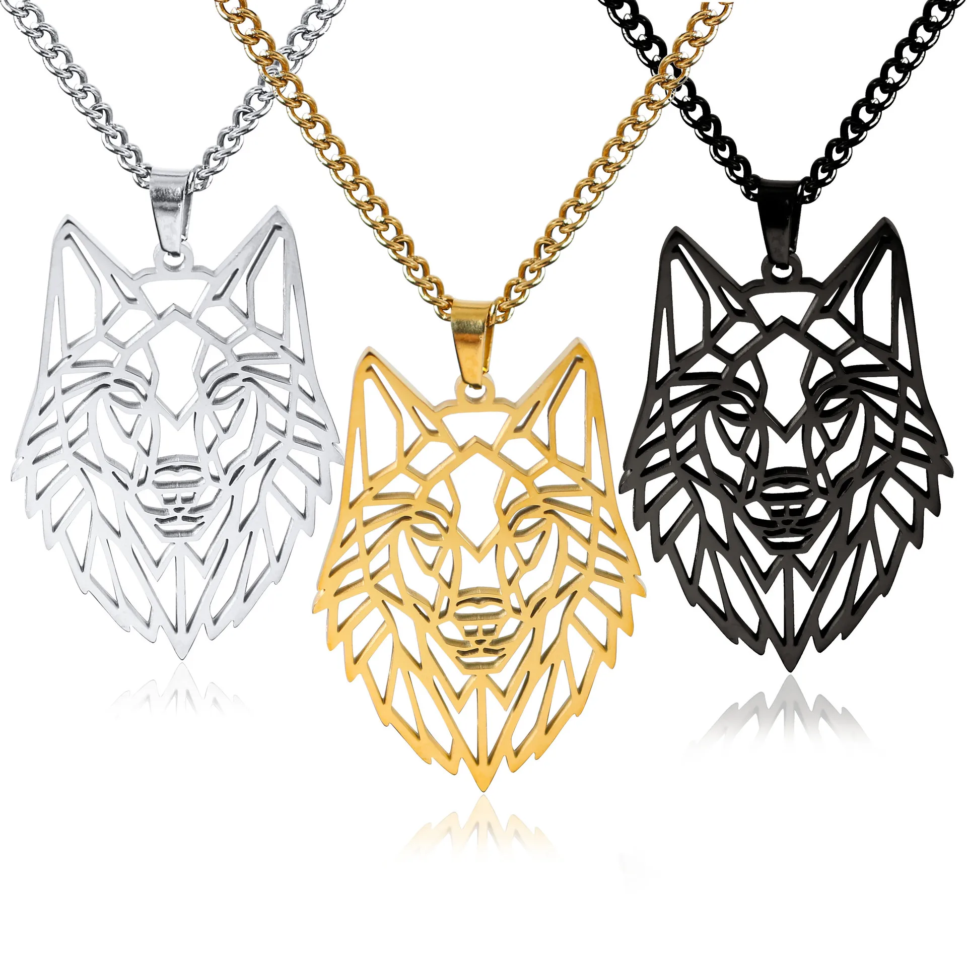 

Personality Punk Men's Wolf Head Necklace Titanium Steel Hollow Animal Wolf Head Men's Women's Sweater Chain Hip Hop Accessories