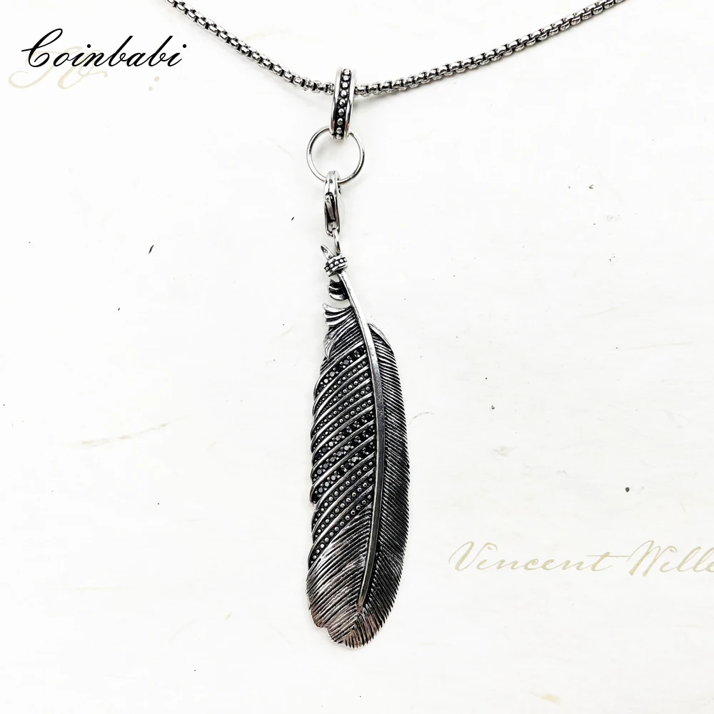 

Necklace Feather Pendant With Black Stones 925 Sterling Silver Fine Jewelry Vintage Rebel Europe Style Bijoux Gift For Women Men