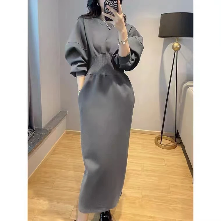 

SuperAen 2022 Autumn New Sweatshirt High Waist Long Dress for Women Women Long Sleeve Puff Sleeve Dress