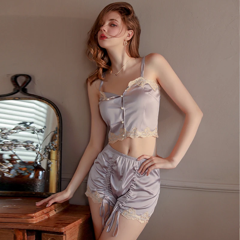 Lingerie Nightgown Sexy Lace Embroidery Pleated Slimming Suspender Nightdress Shorts Solid Color Women's Home Wear Underwear