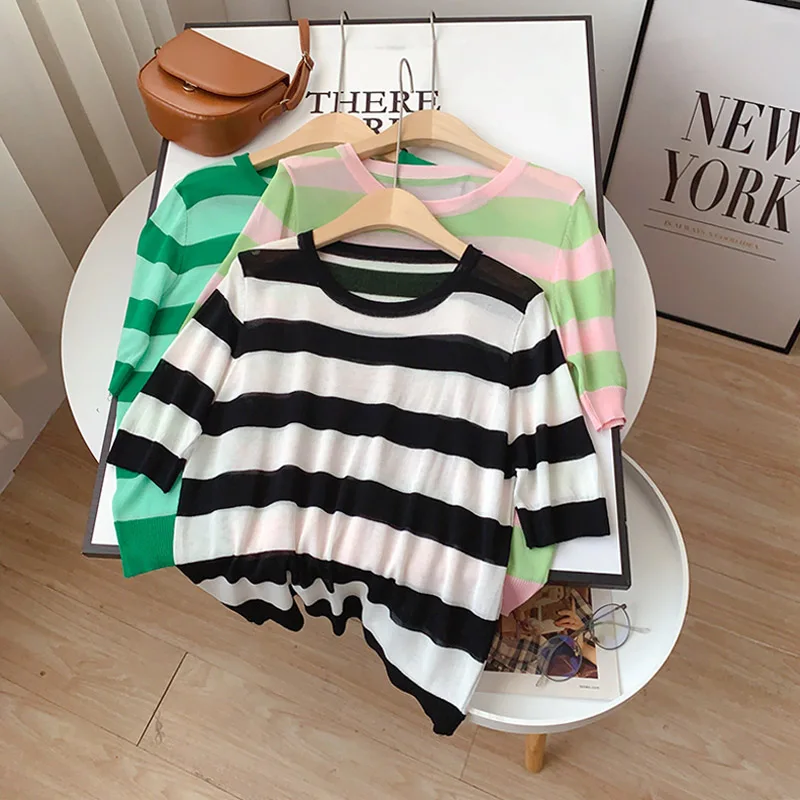 

EBAIHUI Summer Short Sleeve Striped T-Shirts Women Ice Silk Knitted Basic Casual Tops Cozy Female Top Tees 2022 Harajuku Shirt