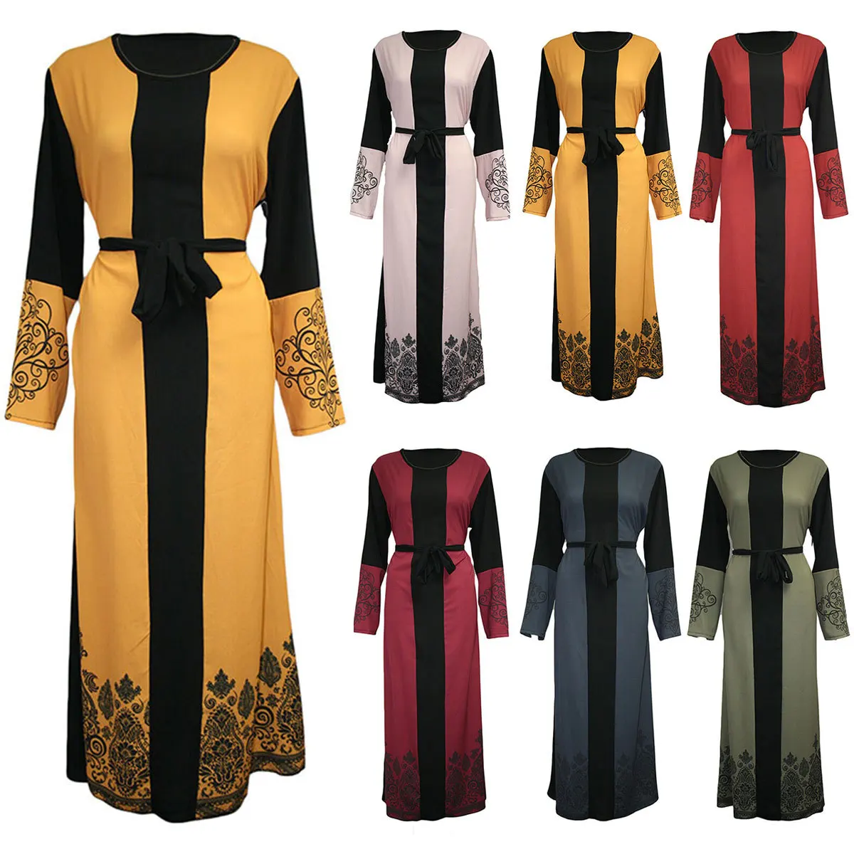 

Islamic Clothing for Women Elegant Dress Crewneck Print Long Sleeve Patchwork Muslim Long Veiled Dresses with Belt Robe Elegante