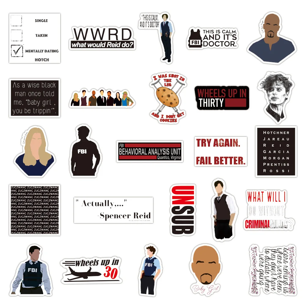 10/50Pcs TV Show Criminal Minds Stickers DIY Motorcycle Luggage Phone Skateboard Cool Sticker Decals Joke Toy Gift for Kid images - 6