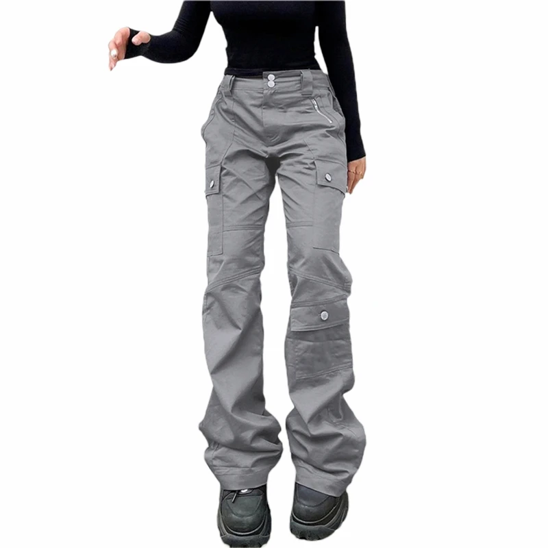 

y2k Women Gray Stitched Pocket Cargo Pants Vintage Aesthetic Low Waist Streetwear Jeans Korean Fashion Straight Denim Trousers