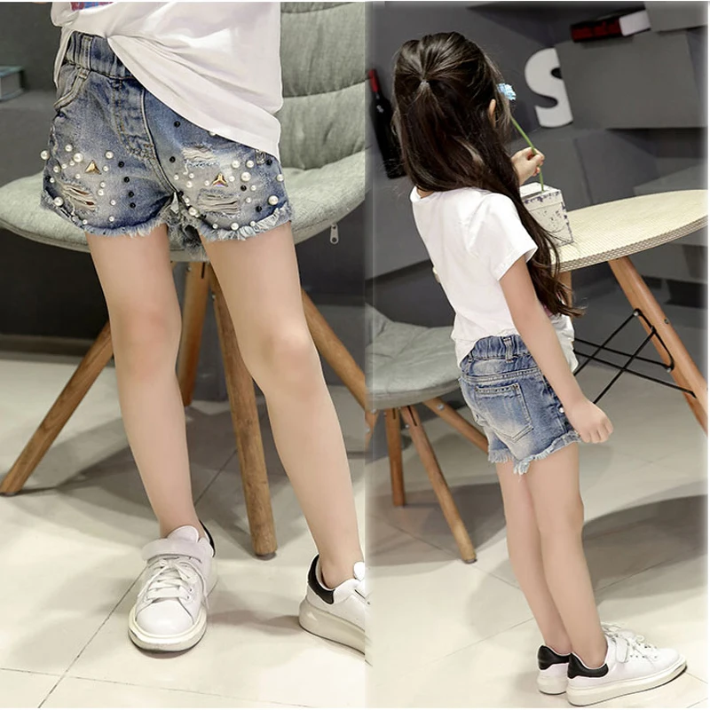Summer New Kids Girl Short Jeans Pants Korean Fashion Baby Girl Pearl Hole Denim Shorts Kids Ripped Jeans Hot Pants for Girls