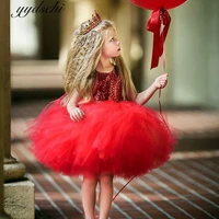 2022 red flower girl dress o neck sleeveless tulle sequins prom dress first communion gown cute vestidos de novia