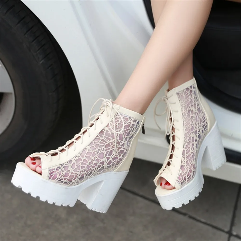 Peep Toe Mesh Summer Lace-up Women Cool Boots Sandals 2023 New Designer Platfrom High Heels Pumps Thick Bottom Ladies Shoes